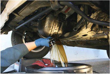 A person is pouring oil into a bucket under a car.