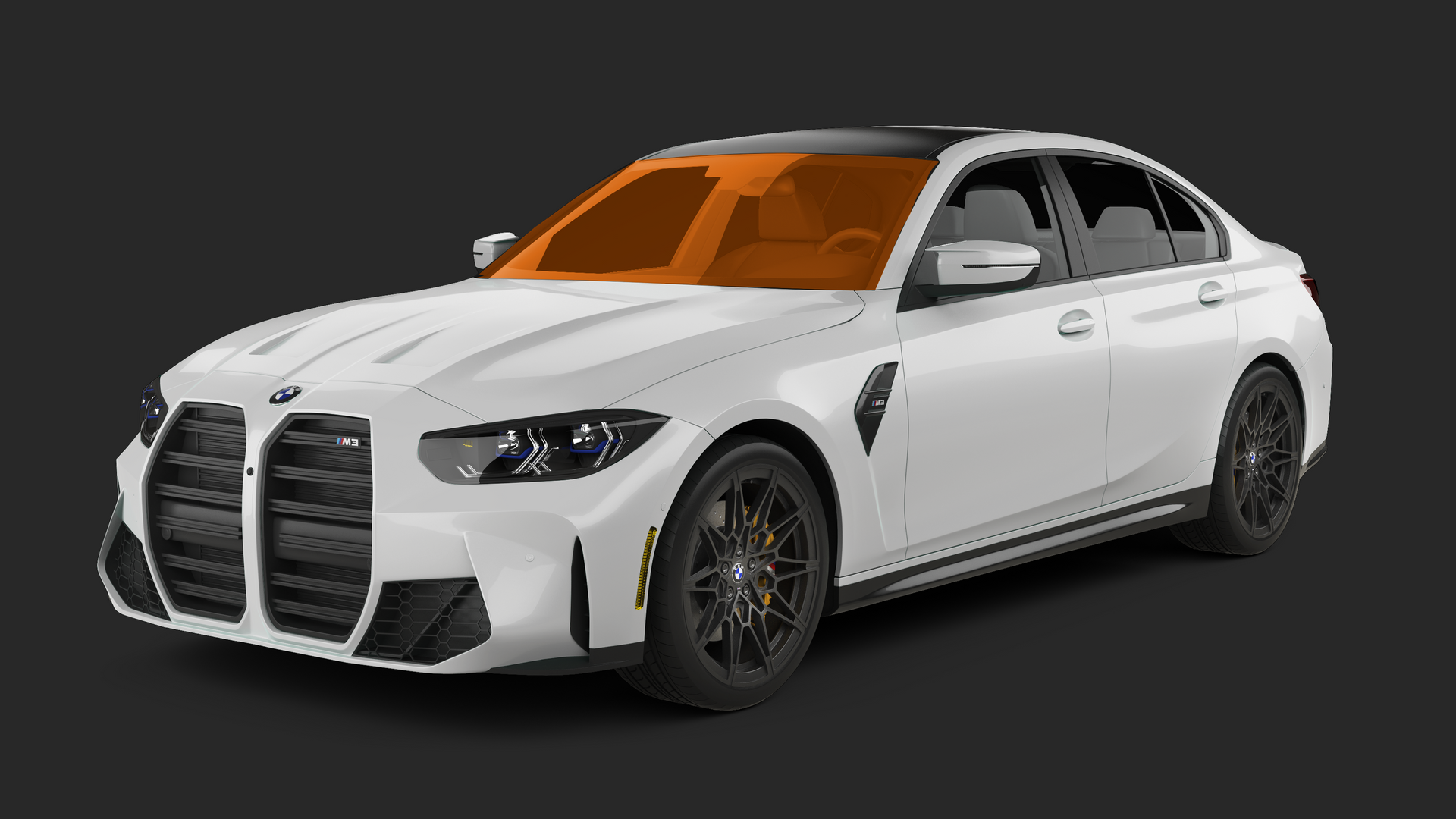White BMW M3 sedan with black accents and tinted windows, set against a dark background.