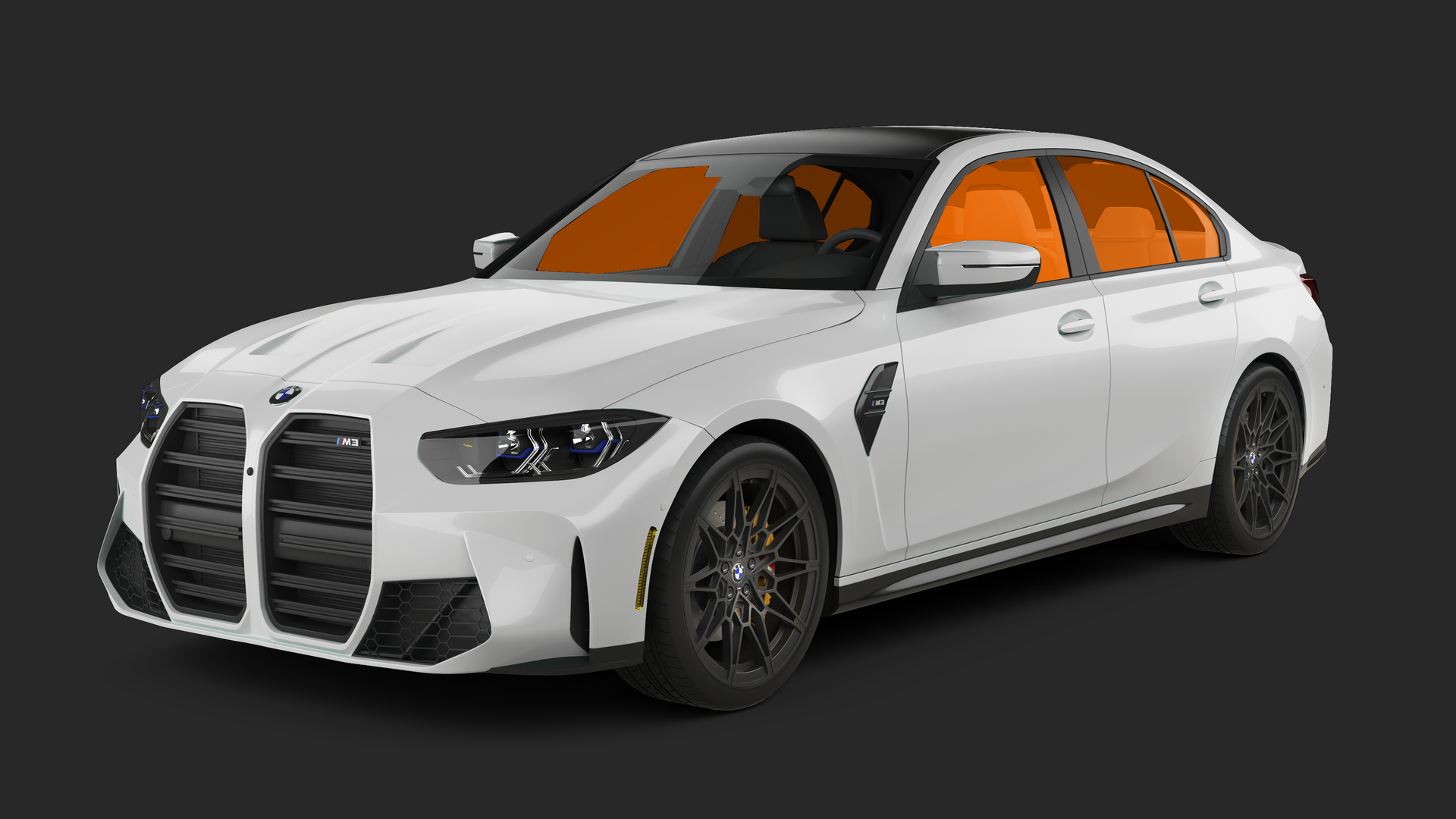 White BMW M3 sedan with black accents and orange tinted windows.