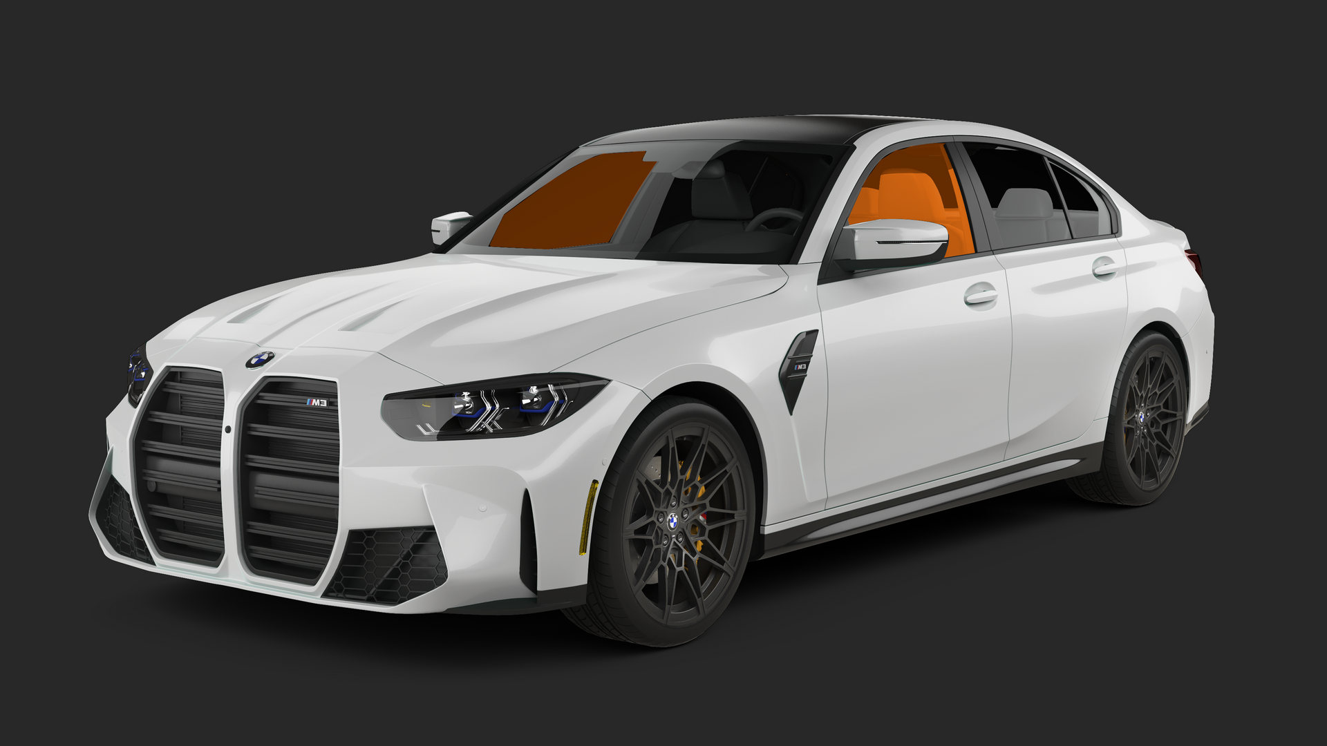 White BMW M3 sedan with black accents, set against a dark background.