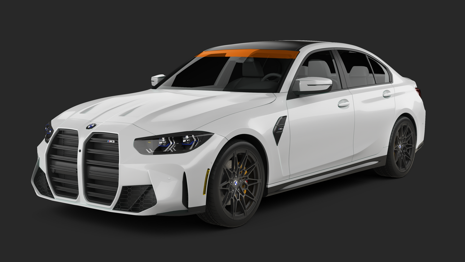 White BMW M3 sedan with black accents, parked on a dark background.