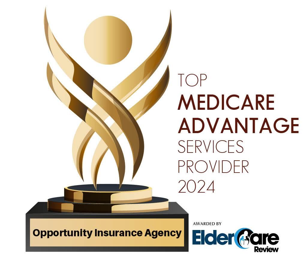 Gold trophy for Top Medicare Advantage Services Provider 2024, with Opportunity Insurance Agency and ElderCare logos