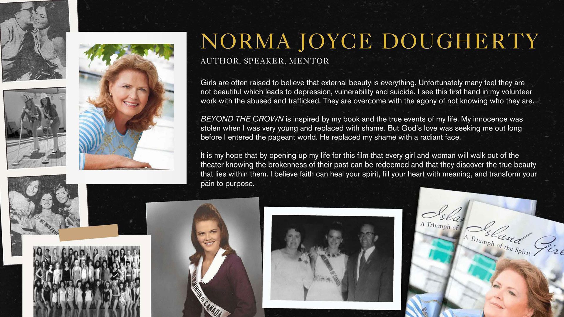 Collage-style memorial tribute page for Norma Joyce Dougherty with portraits and family photos on a black background