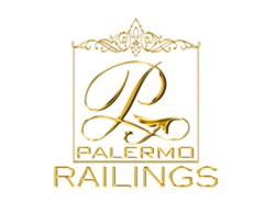 Gold logo for Palermo Railings featuring a stylized letter P inside a border with ornamental flourishes.