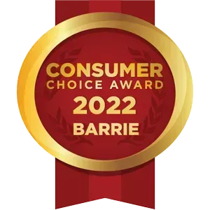A circular Consumer Choice Award seal with red background and gold trim, reading 2022 and Barrie, set on a red ribbon.
