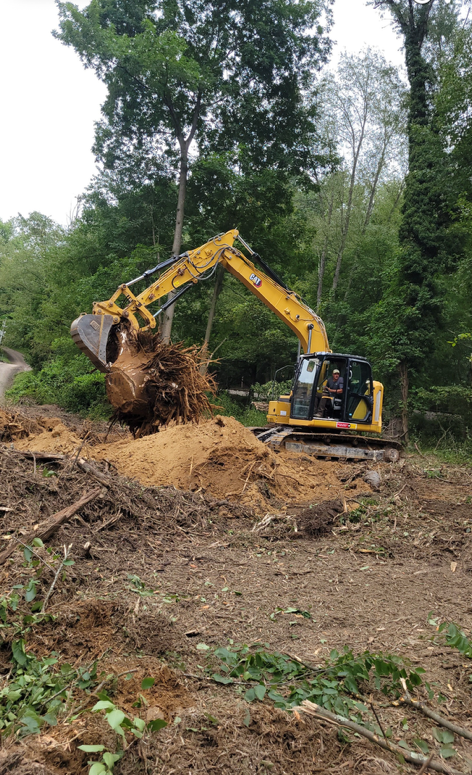 Yellow excavator digging earth and debris in a wooded area.