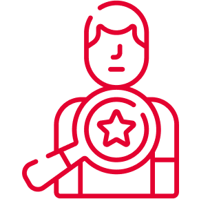 Person looking at a star through a magnifying glass. Red outline.