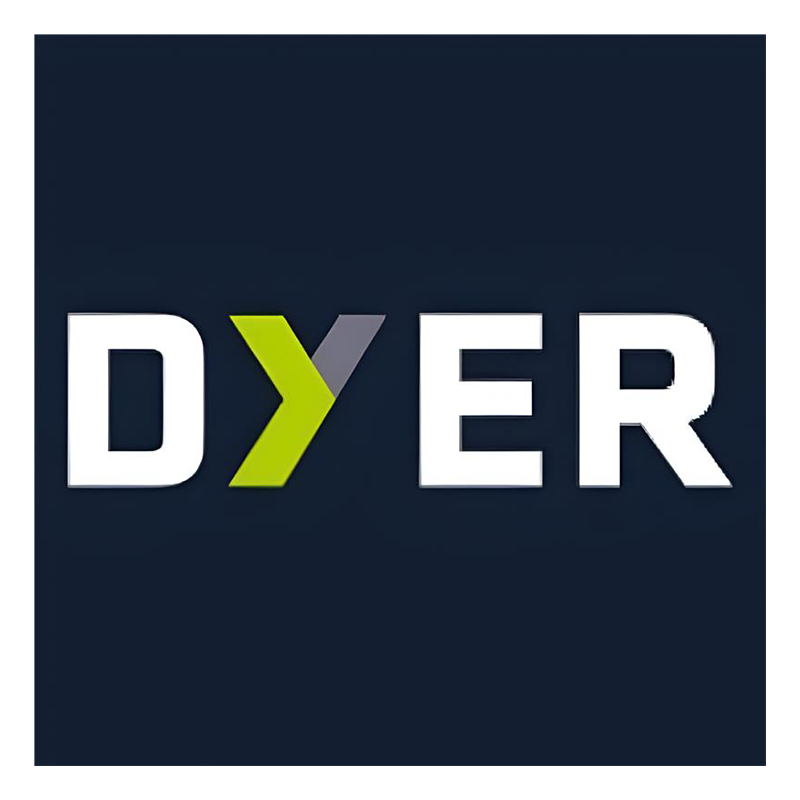 Logo for Dyer, with a green and gray arrow between 