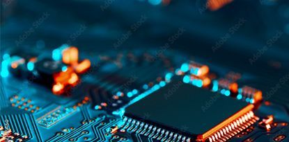 Close-up of a circuit board with a central processor chip, illuminated with blue and orange light.