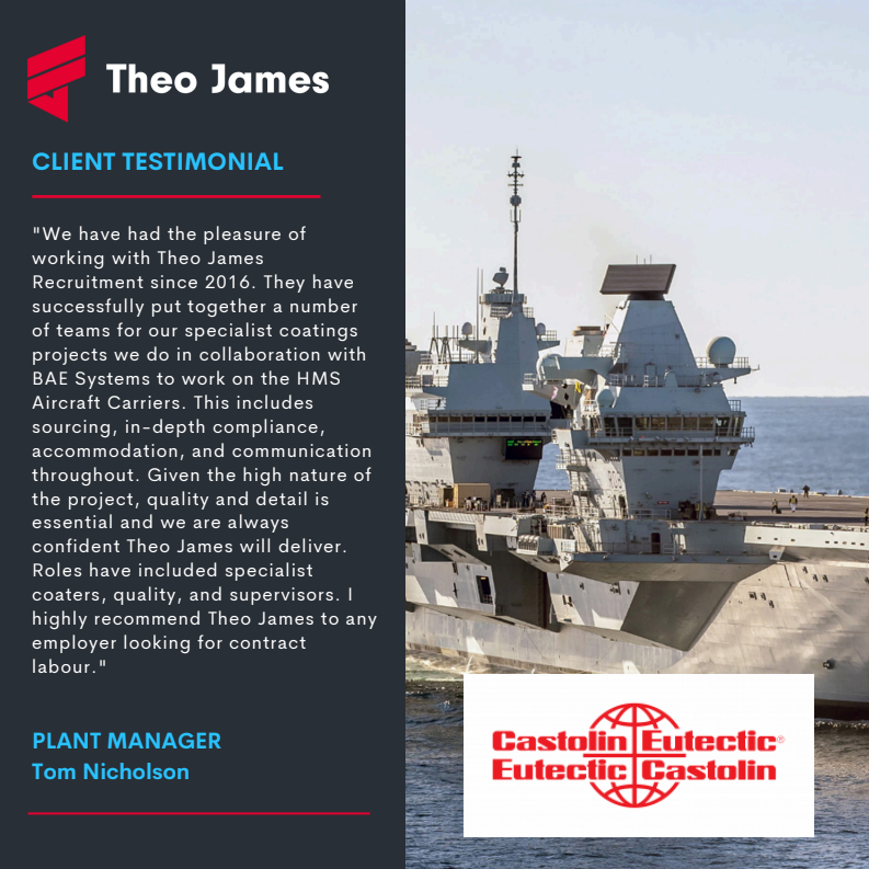 Client testimonial by Theo James Recruitment. Shows a ship with text and logos.