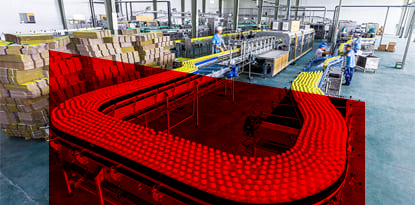 Bottling factory interior with conveyor belt and workers, partially overlaid by red.