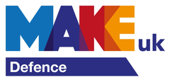 MAKE uk Defence logo. Blue, red, and orange text on a white background. Dark blue banner below with