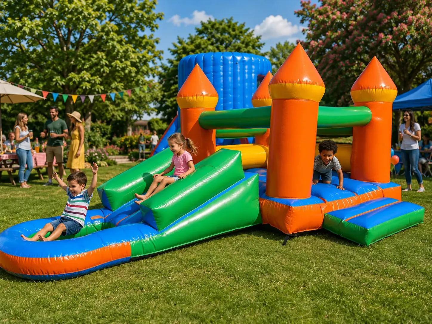 Young children bouncing with wide smiles inside a themed jumping castle