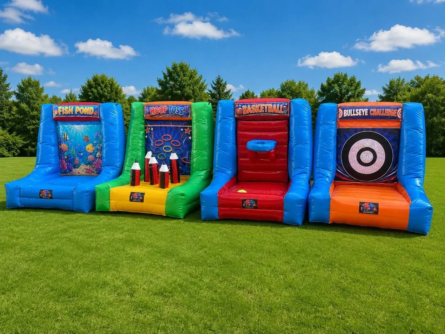 Kids playing at colourful inflatable carnival games booth