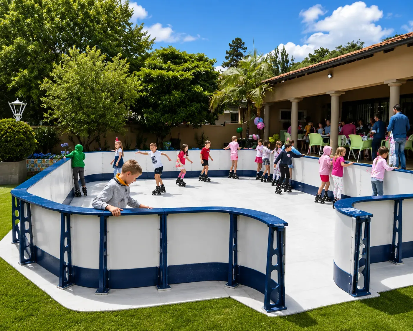 Wide-angle view of synthetic ice rink with skaters at outdoor event
