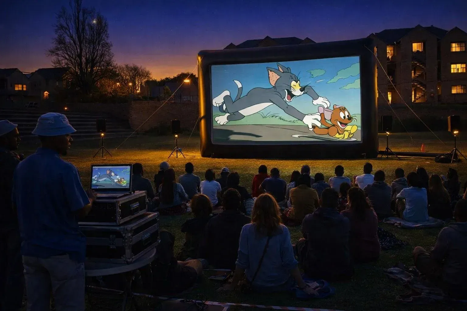 Families seated on grass watching outdoor cinema on large inflatable screen at night