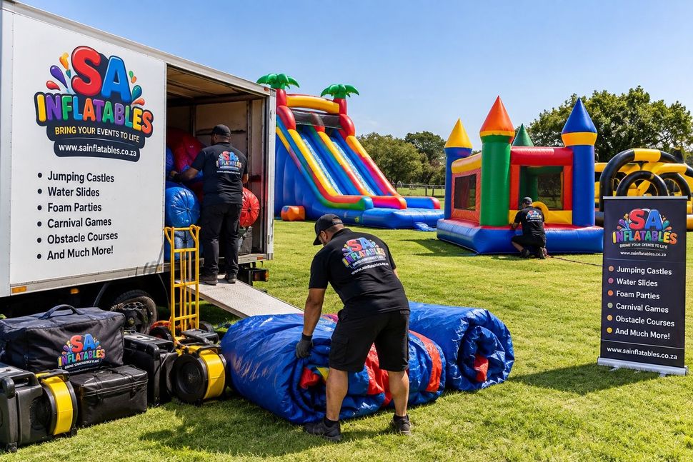 SA Inflatables team setting up jumping castles and water slides at an event in Johannesburg