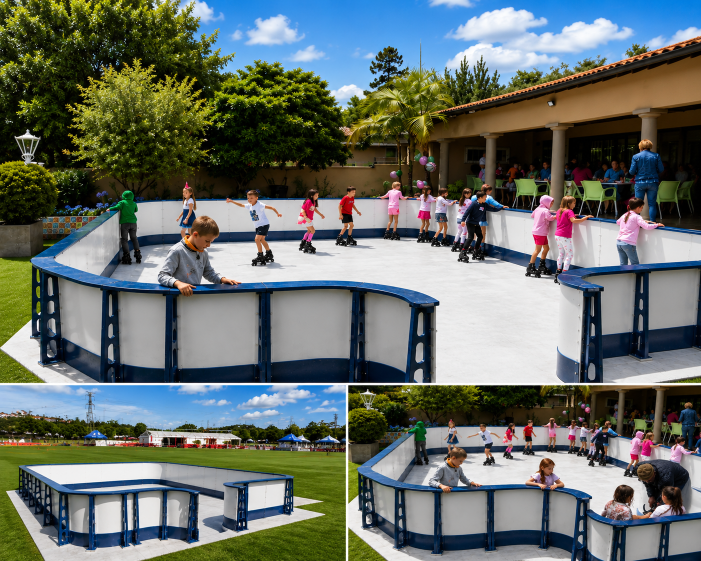 Mobile Synthetic Ice Rink set up outdoors with white barrier and skaters