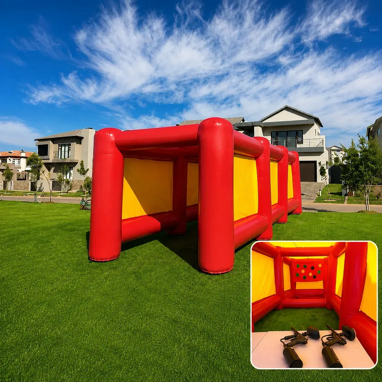Participant using a shooting tunnel inflatable at a fun day