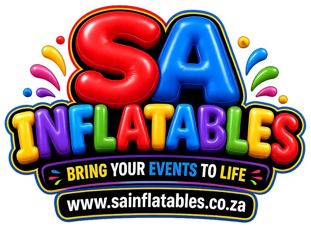 Colorful SA Inflatables logo with “Bring your events to life” and website www.sainflatables.co.za