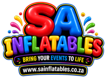 Colorful SA Inflatables logo with “Bring your events to life” and website www.sainflatables.co.za