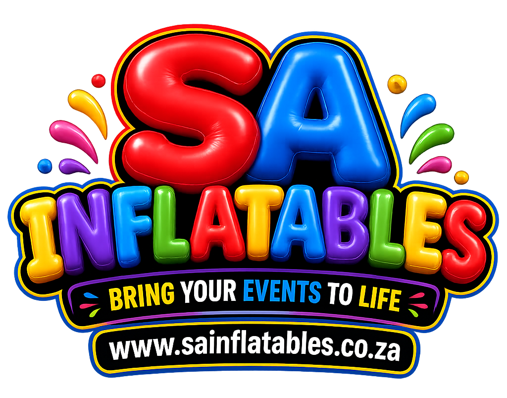 Colorful SA Inflatables logo with “Bring your events to life” and website www.sainflatables.co.za