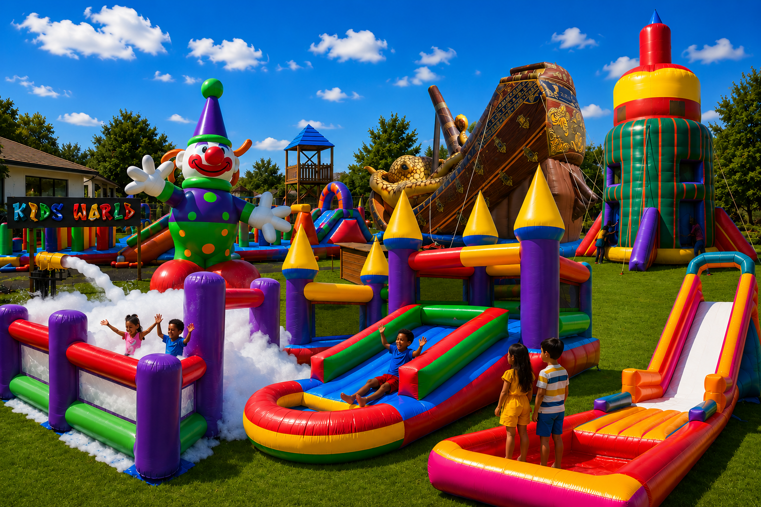 Large outdoor inflatable hire event in Johannesburg — jumping castles, water slides and carnival games by SA Inflatables