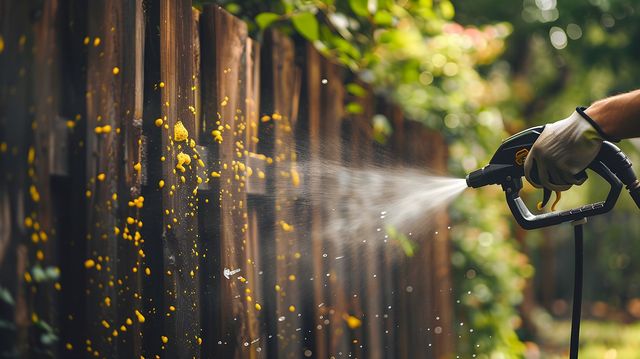 Person pressure washing wooden fence