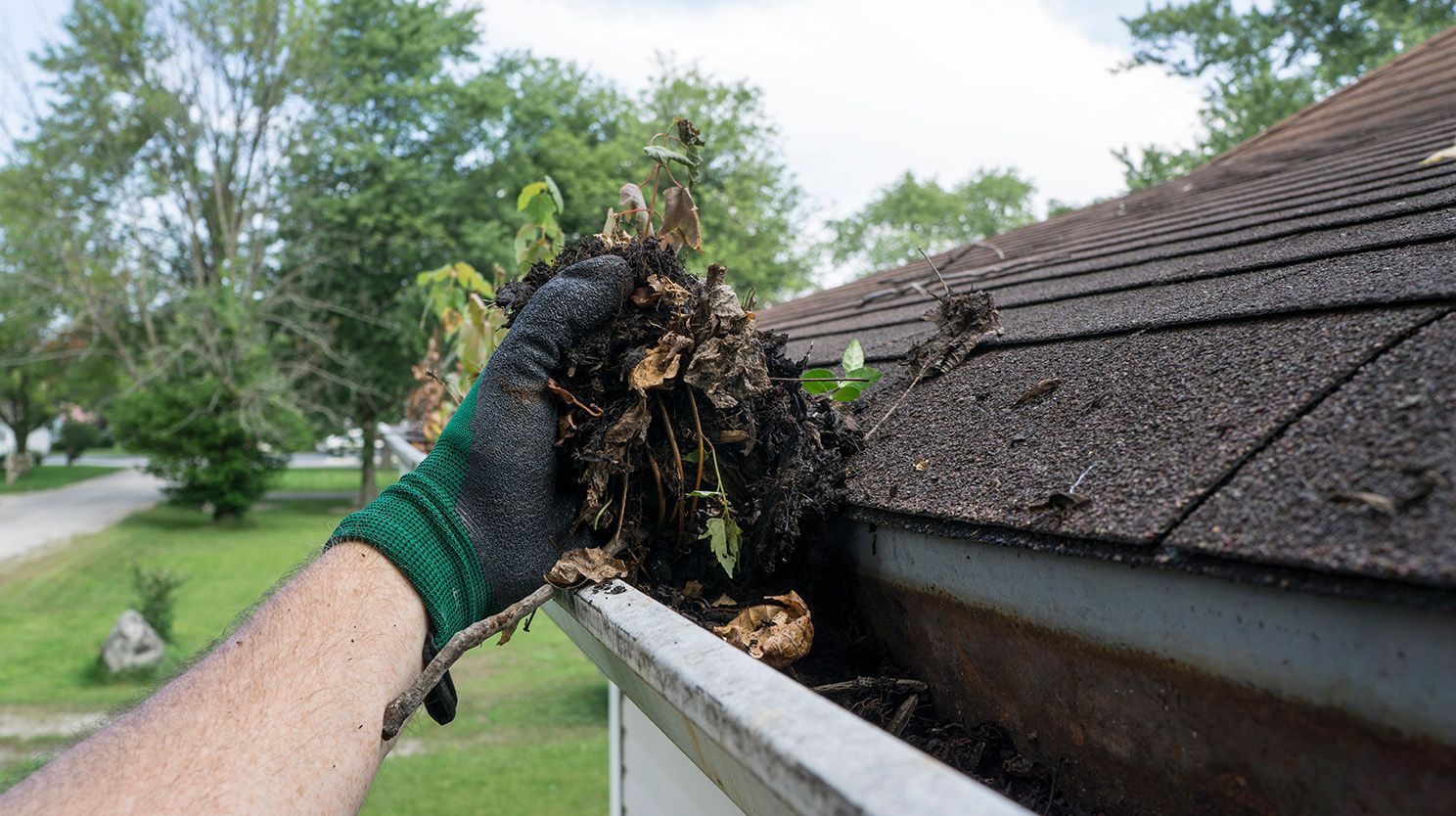 Person cleaning gutters