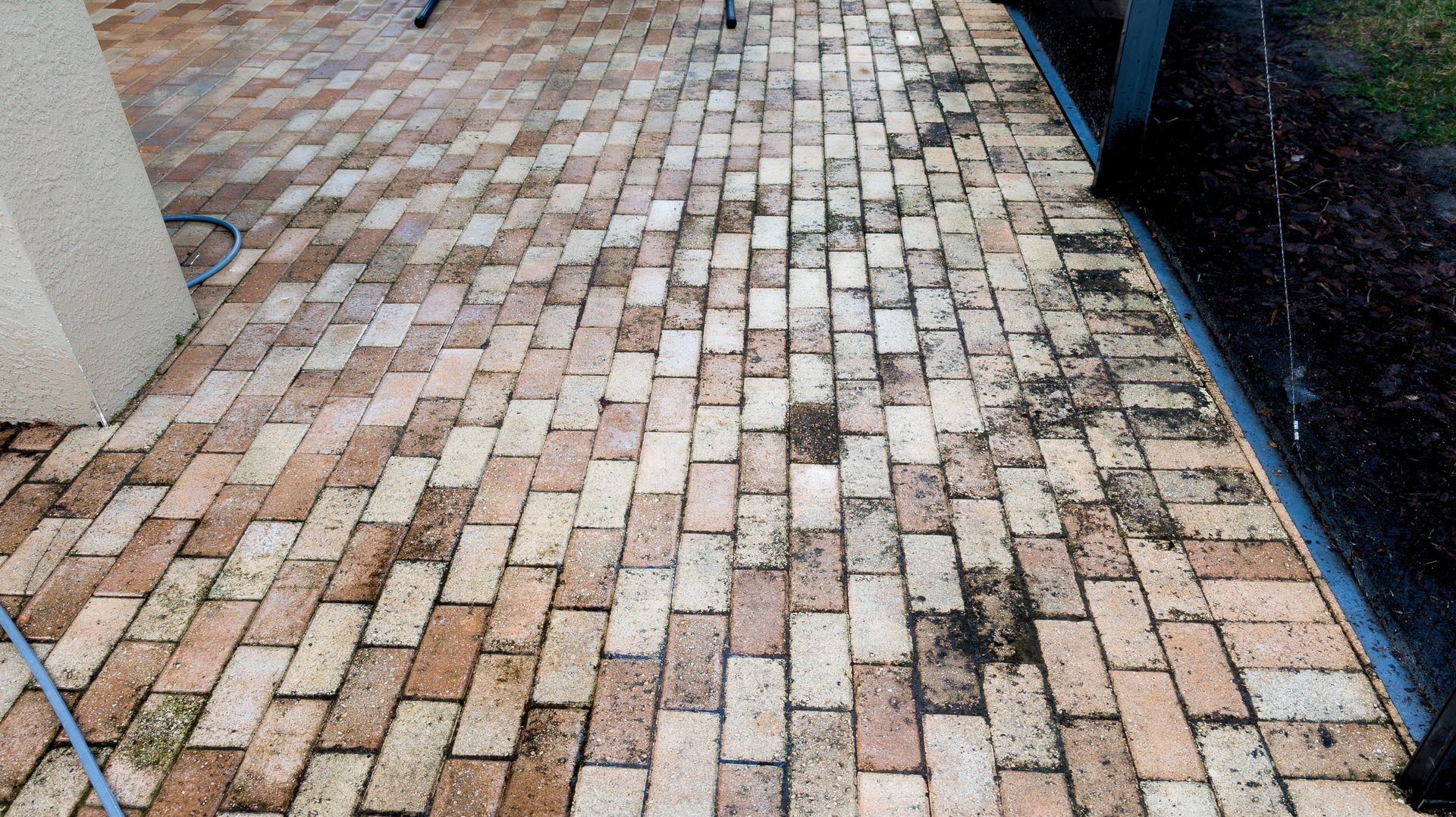 A paver patio with mold and mildew buildup