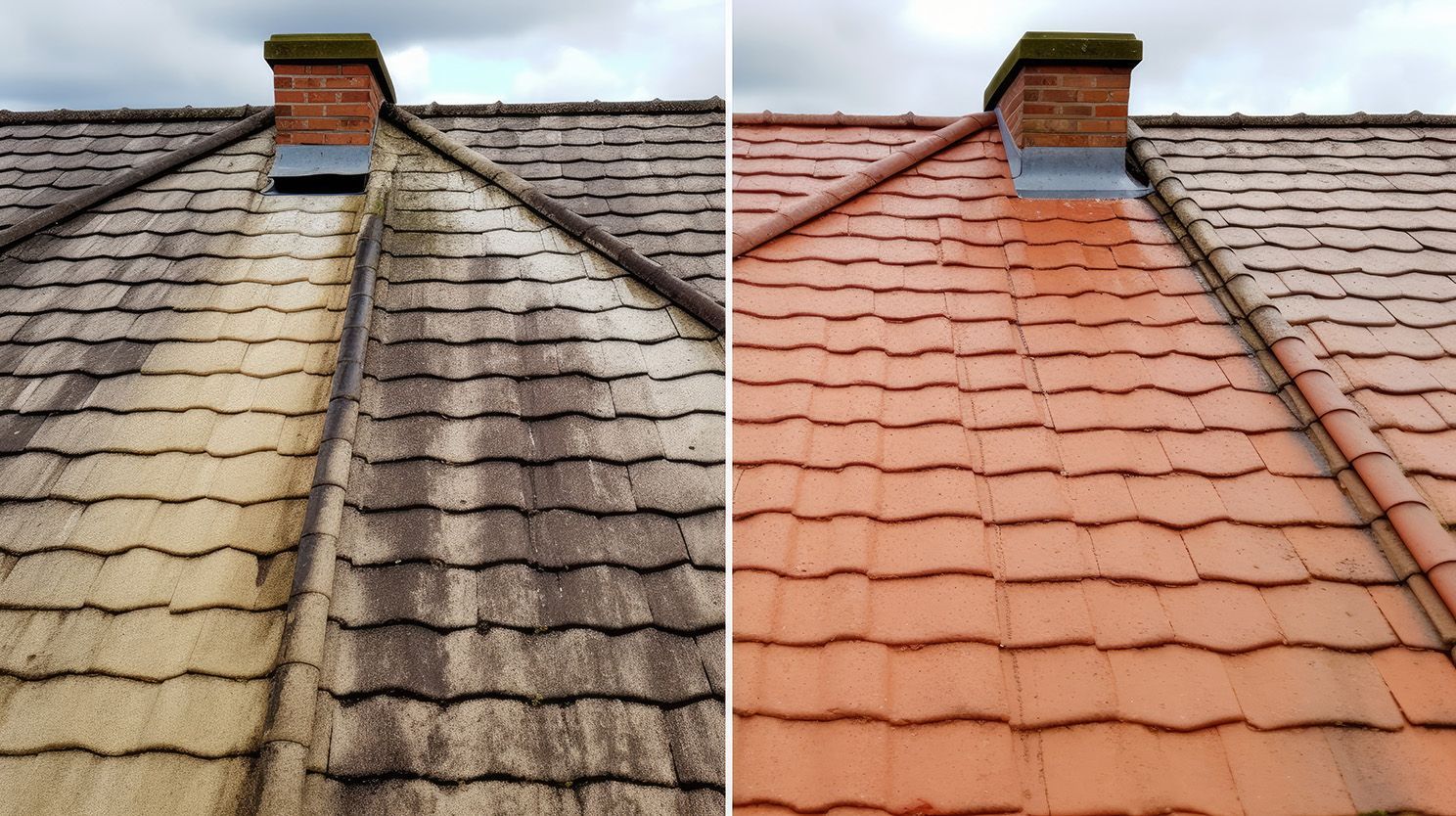 A before and after picture of a roof that has been cleaned.