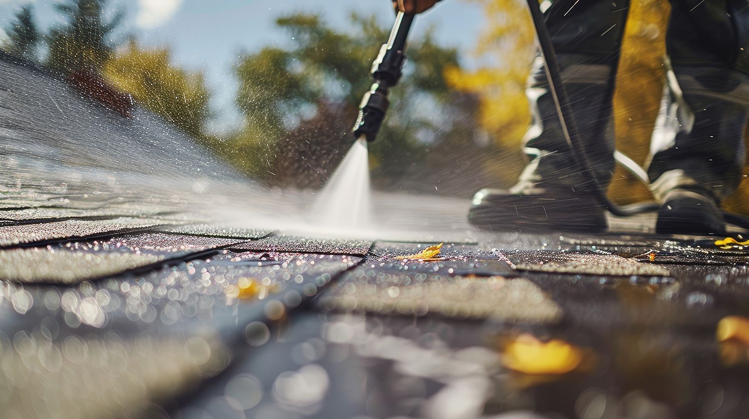 A person is using a high pressure washer to clean a roof.