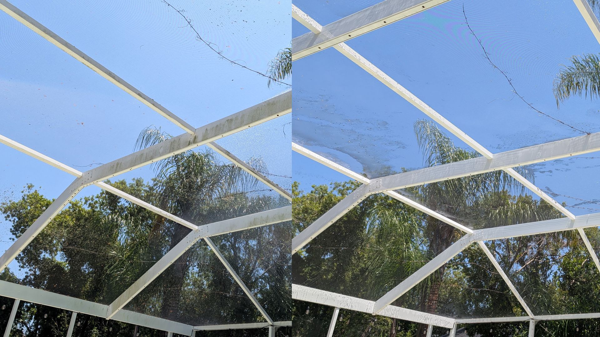 Screen enclosure before and after soft washing