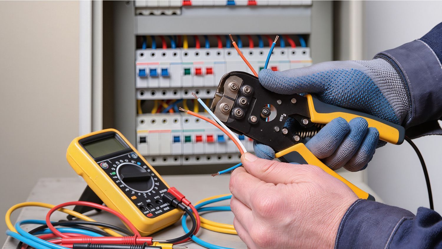 Emergency electrician inspecting breaker panel using digital multimeter and insulated tools. Emergency electrician inspecting breaker panel using digital multimeter and insulated tools.