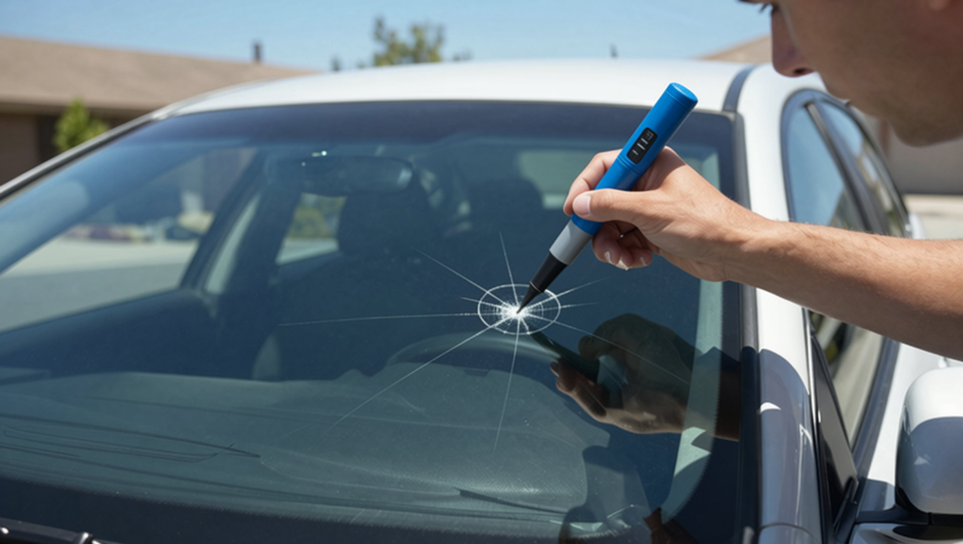 A man is cleaning the windshield of a car in a garage.