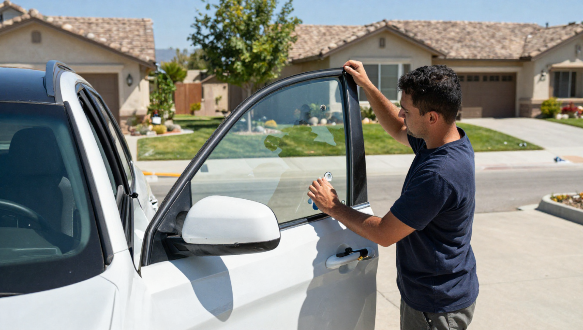 A man and a woman are working on a car windshield in a garage.