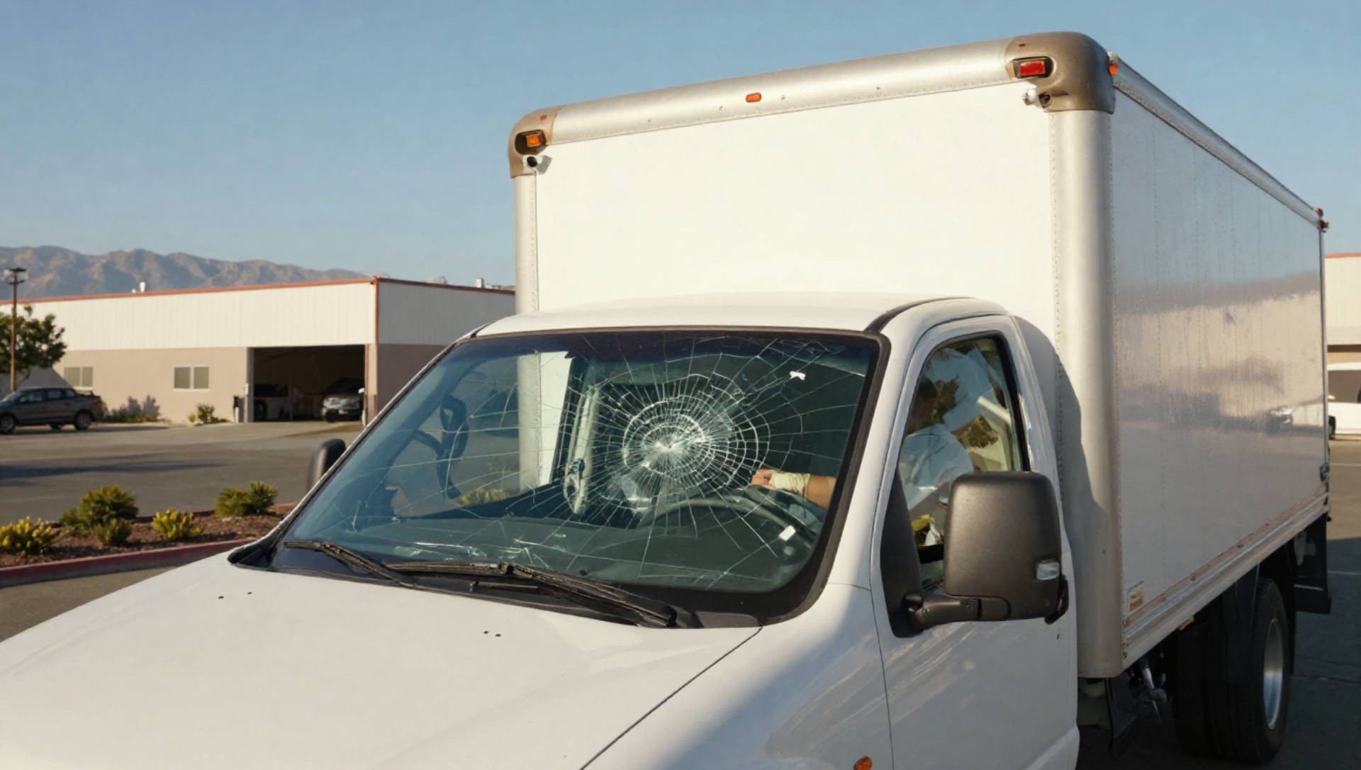 A man is cleaning the windshield of a car in a garage.