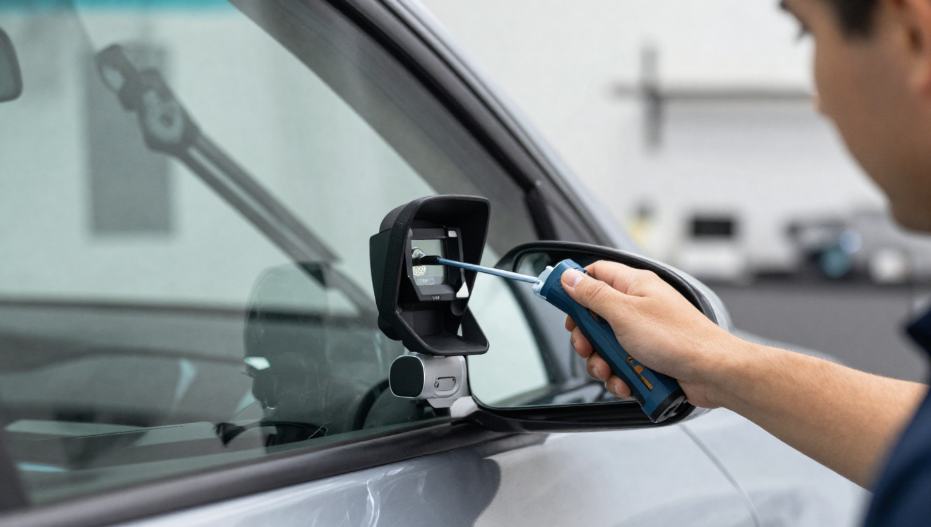 A man is installing a new windshield on a car.