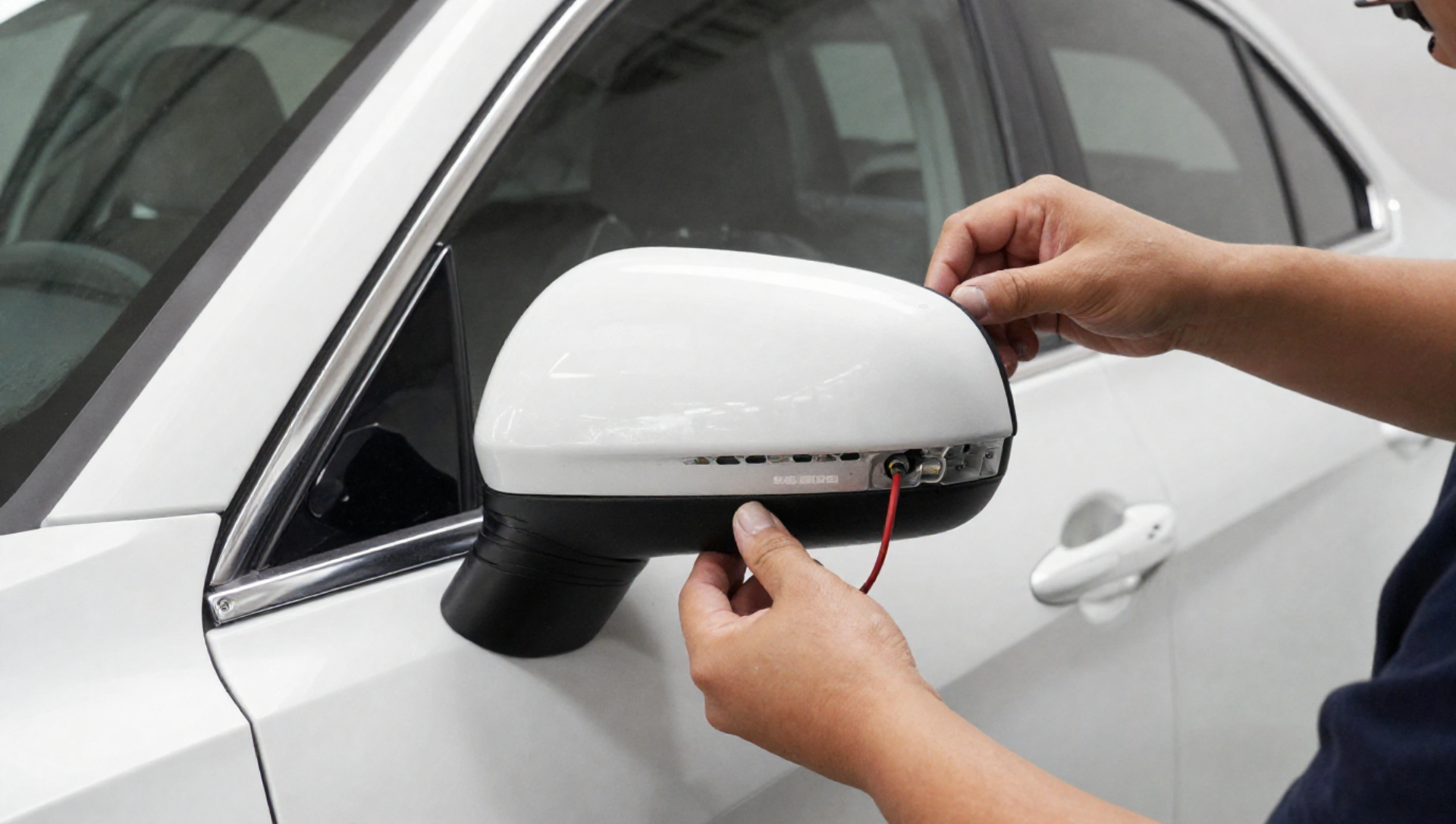 A man is cleaning the windshield of a car in a garage.