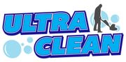 A logo for ultra clean with a person holding a vacuum cleaner.