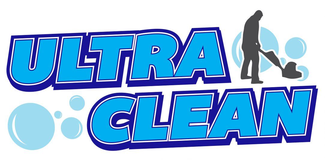 A logo for ultra clean with a person holding a vacuum cleaner.