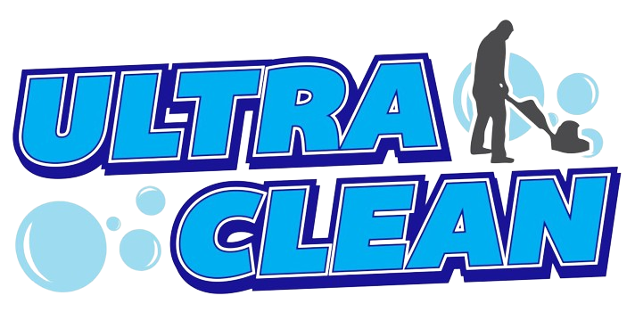 A logo for ultra clean with a person holding a vacuum cleaner.