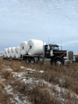 A black semi-truck hauls large, white cylindrical bales across a field covered in patchy snow and dry vegetation.