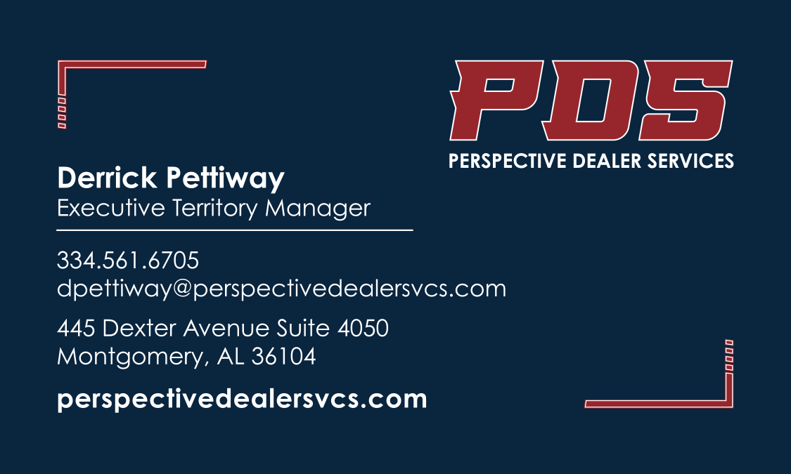 a blue business card for perspective dealer services