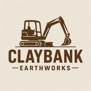 Brown CLAYBANK EARTHWORKS logo with an excavator on a beige background
