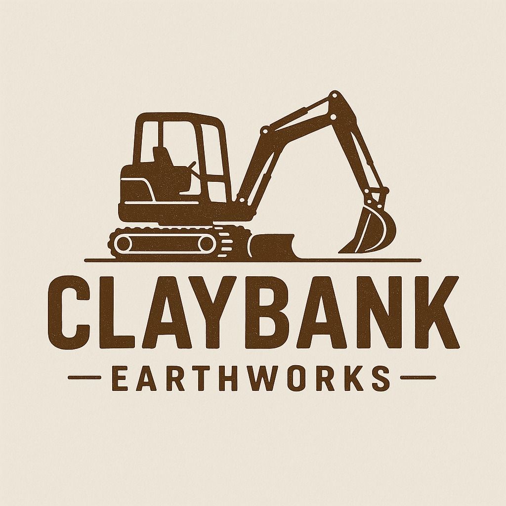 Brown CLAYBANK EARTHWORKS logo with an excavator on a beige background