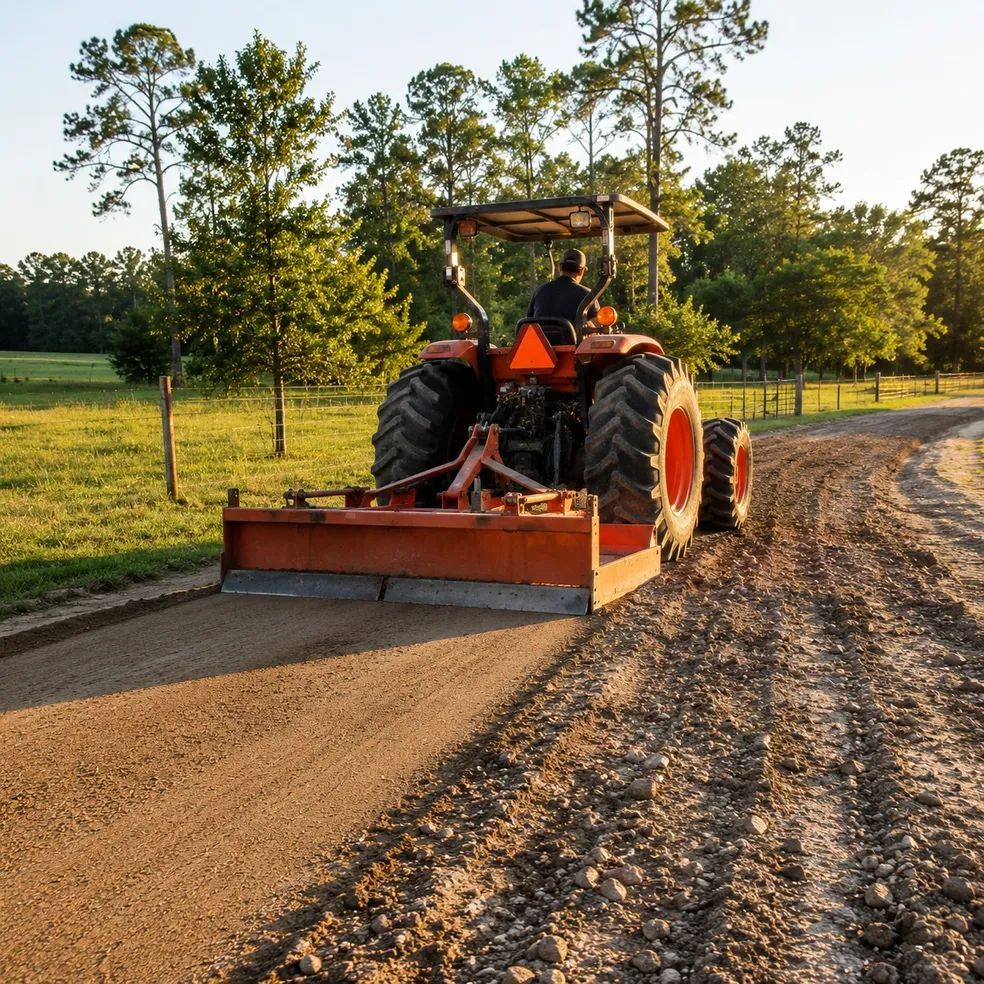 Tractor grading a dirt road at sunset beside a grassy field and trees