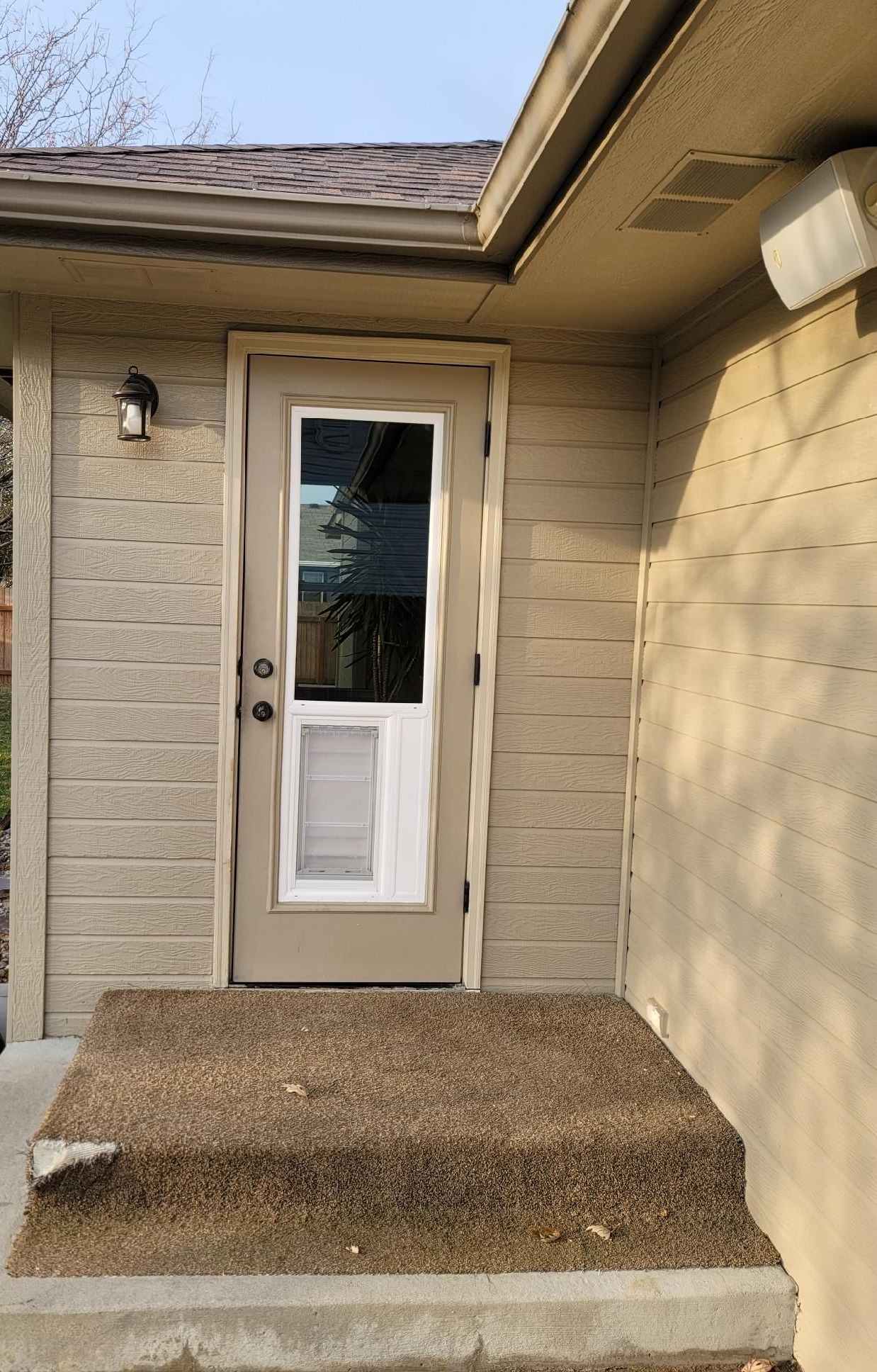Beige door with doggy door, leading from building with light tan siding to a small concrete porch.