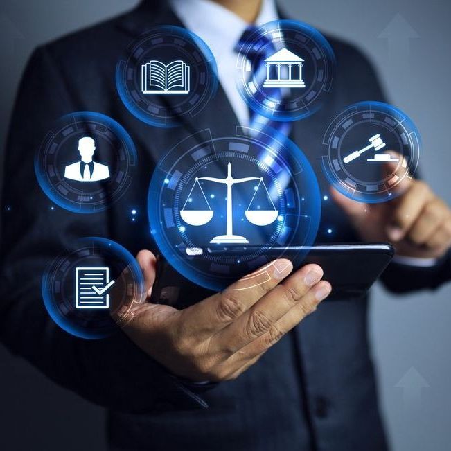 Person in suit holding tablet, surrounded by glowing law-related icons.