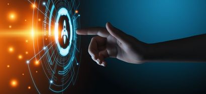 A finger touching a digital interface with a rocket icon, representing a startup launch.